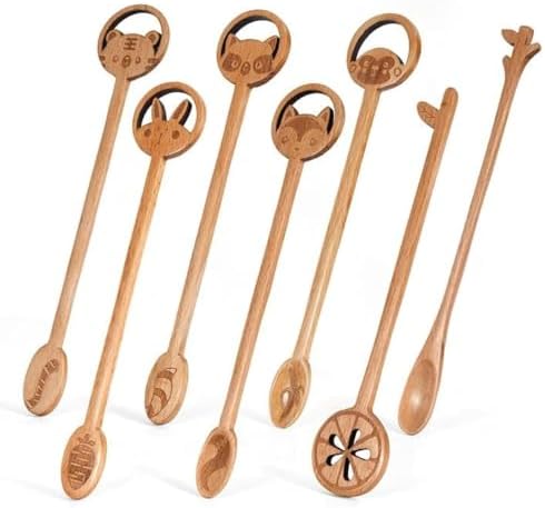 7 Cucharas Madera para Mezclar Cocina con Mango Largo