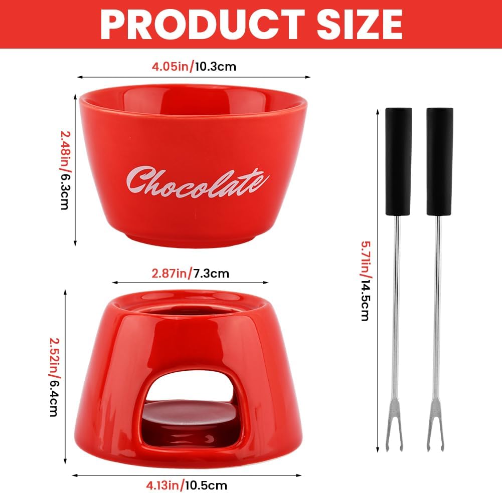 Taza fondue cerámica con 2 tenedores 4.7x4.1pulg color rojo