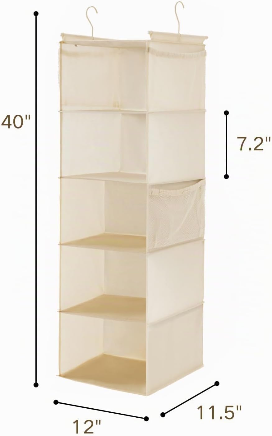Organiz. colgante armario 5 estantes tela 4 bolsillos beige