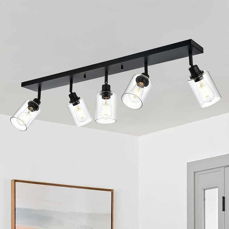 Foco baño negro 5 luces giratorio vidrio transparente techo