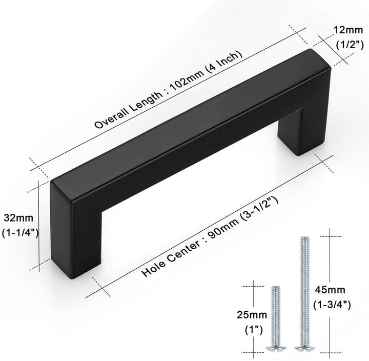 10 Manijas Acero Inox 3.5pulg Negro Mate Cuadradas