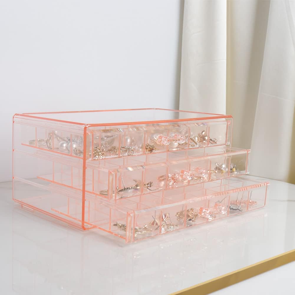 Caja organizadora aretes 3 cajones 72 compartimentos rosa