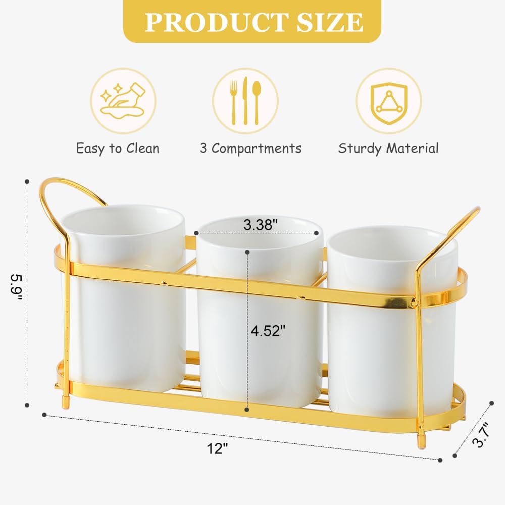 3 Pzas Cubiertos Cerámica Blanca Soporte Mesa Cocina