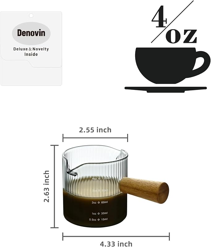 Taza medidora vidrio 4oz con mango madera doble boquilla gris