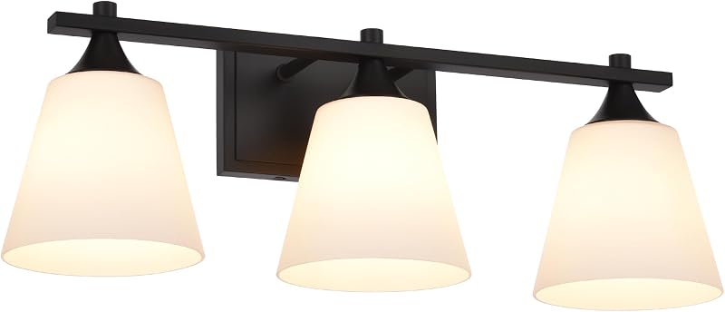 Lámpara tocador baño 3 luces vidrio opal negro mate
