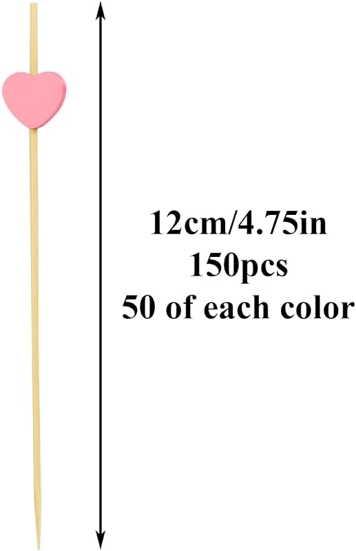 150 Palillos Bambú Corazón Rosa 4.75pulg para Frutas y Aperitivos