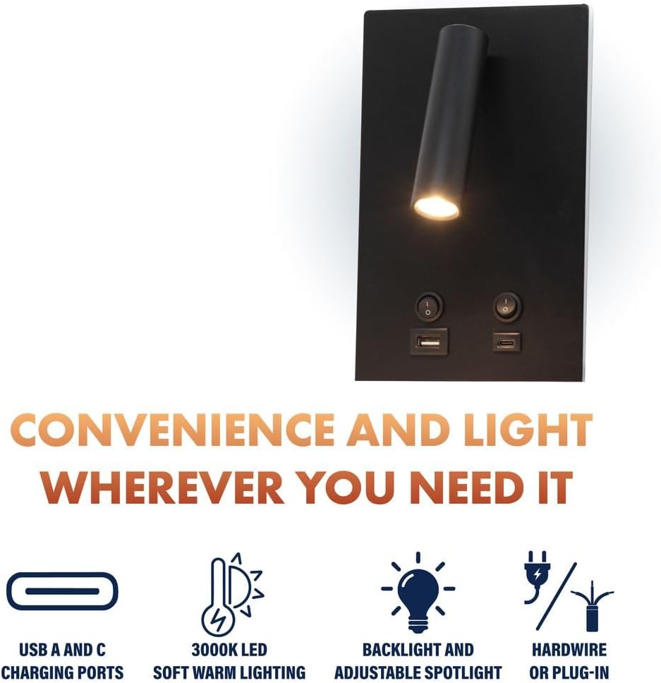 Luz de lectura Vera 5x9pulg negro mate con USB-A y USB-C