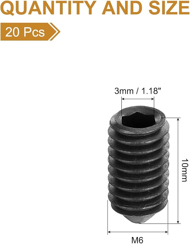 Set 20 Tornillos M6x10mm Acero Carbono Punta Cono Negro