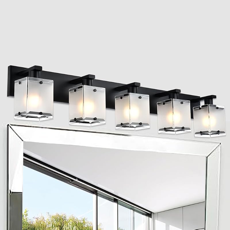 Lámpara baño 5 luces negro mate vidrio esmerilado e26