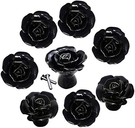 8 Pzas Pomos Puerta Cerámica Negro Floral Rosa con Manija