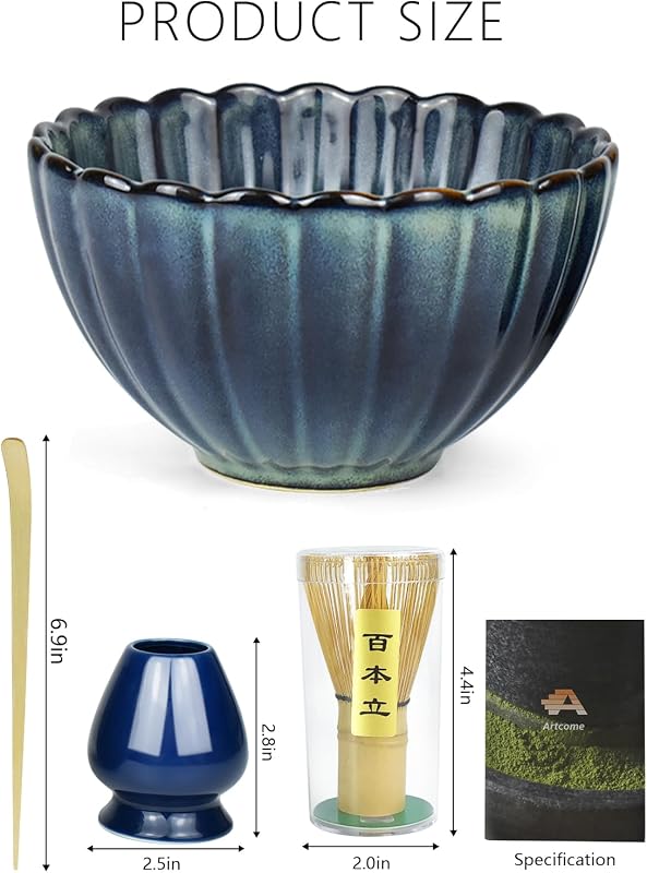 Juego té matcha cuenco 17oz batidor bambú cuchara soporte azul gris