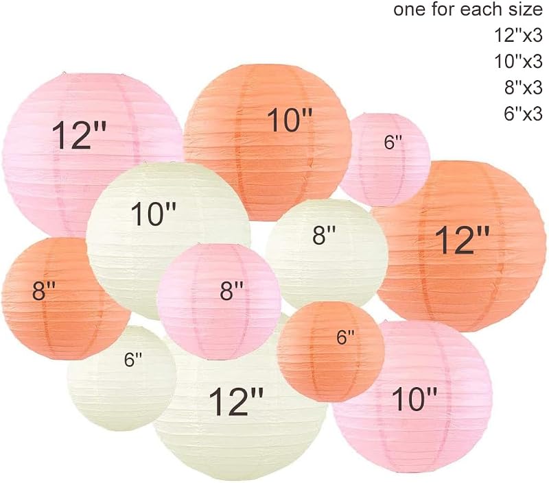 12 Linternas Redondas Papel Rosa Melocotón Marfil Decorativas