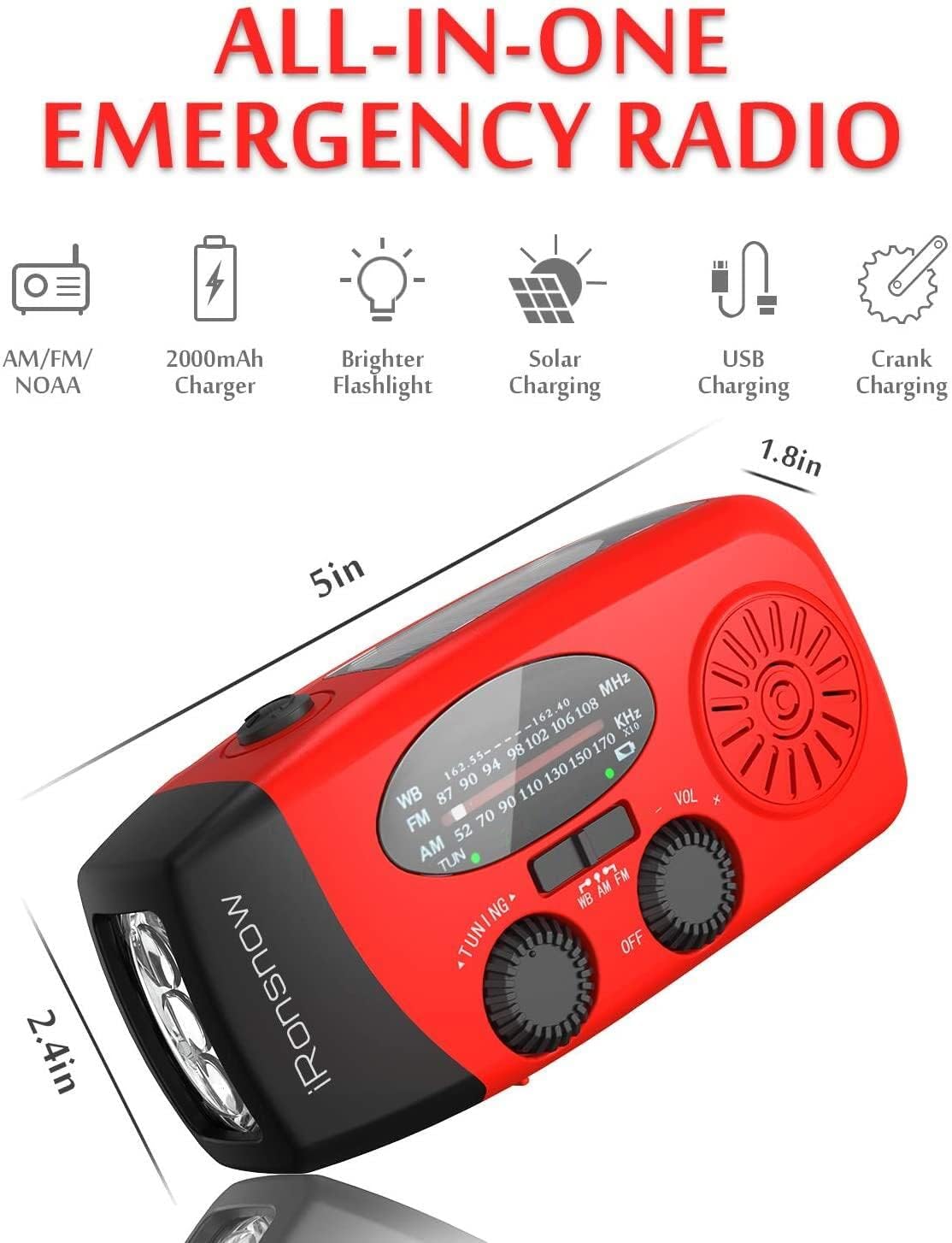 Radio solar con manivela alarma SOS linterna LED USB Rojo