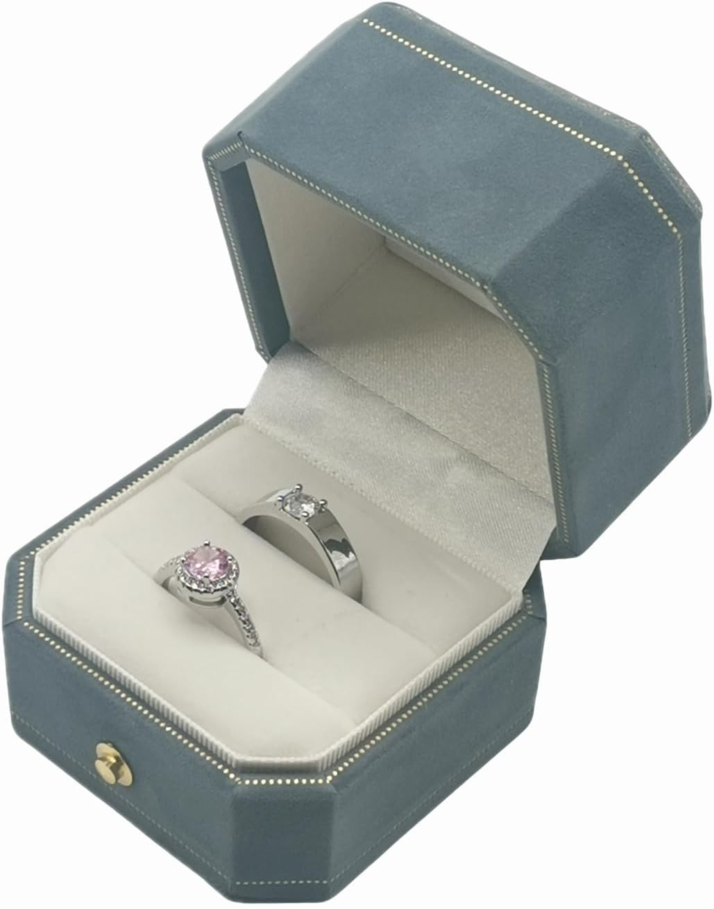 Caja anillos terciopelo ranuras octagonal con tapa bisagra