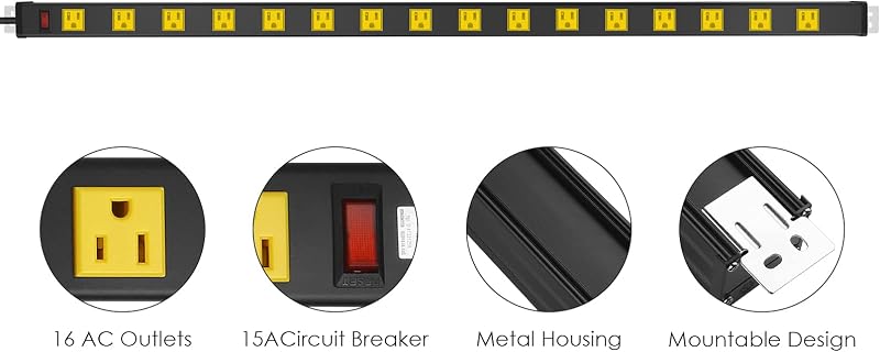 Regleta metálica 16 tomas 6 ft 15A 125V 1875W Amarillo