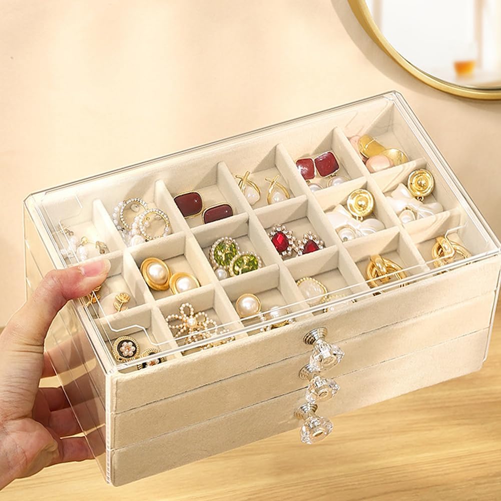 Caja terciopelo beige 3 cajones para pendientes y anillos