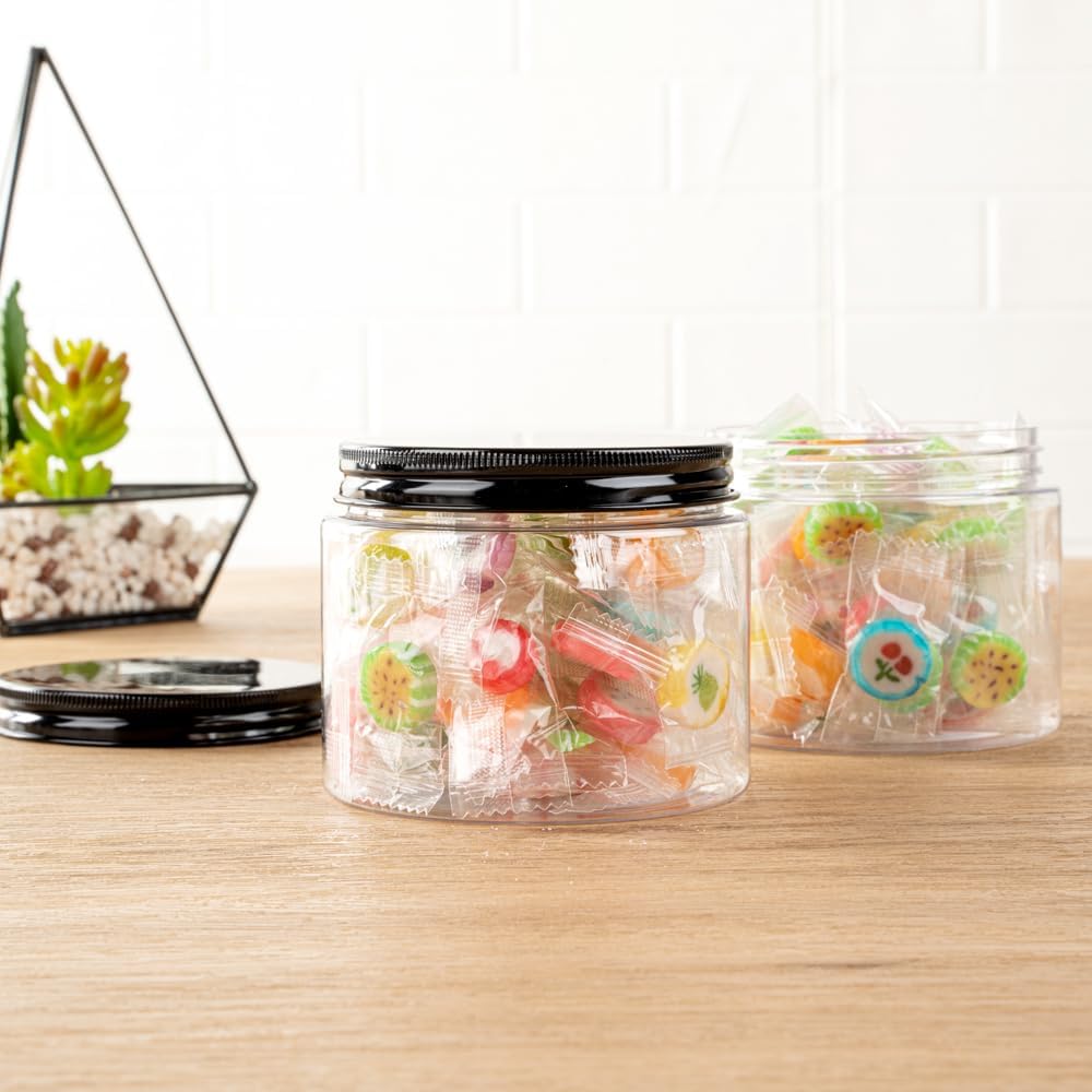 10 Tarros Plástico Transparente 16oz con Tapas Aluminio