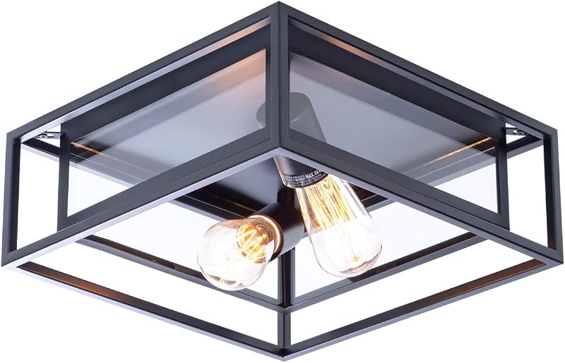 Lámpara techo cuadrada negra vidrio dos luces