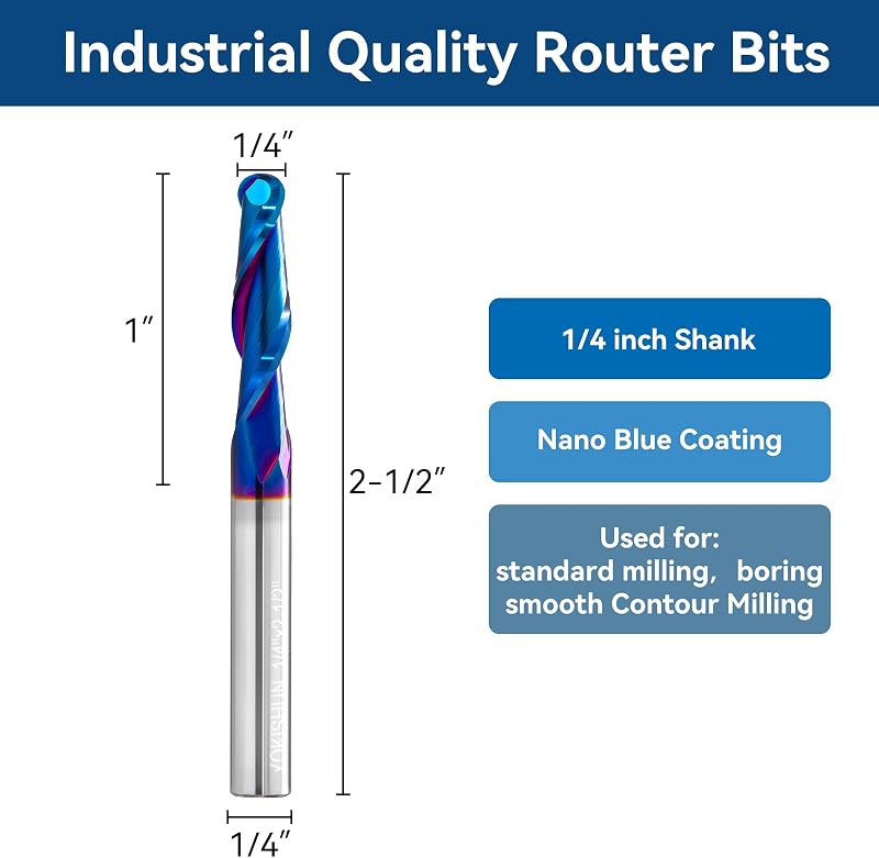 Brocas CNC 1/4pulg carburo punta bola revestimiento nano azul