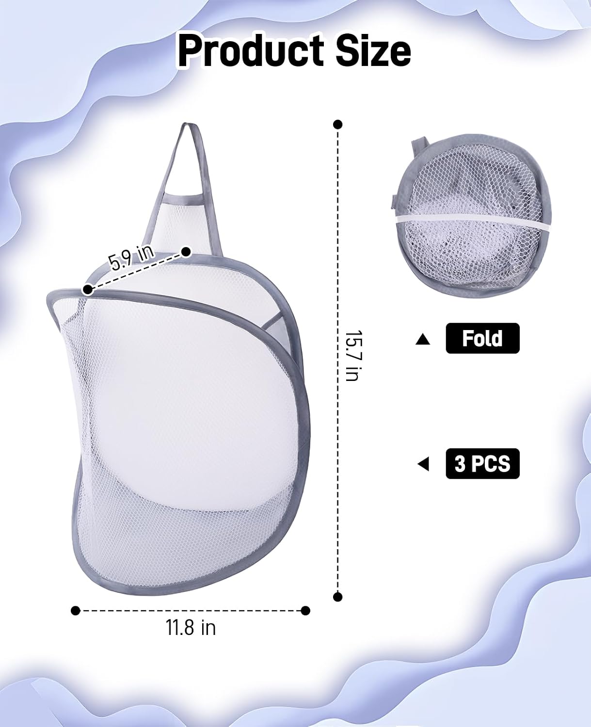 3 Pzas Bolsas Lavandería Colgantes Cesta Plegable Malla