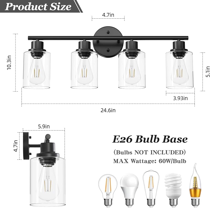 Lámpara baño 4 luces E26 pantalla vidrio transparente