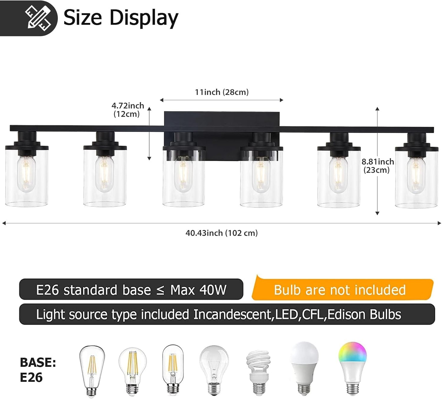 6 Luces Tocador Negro Mate Vidrio Transparente Base Metal