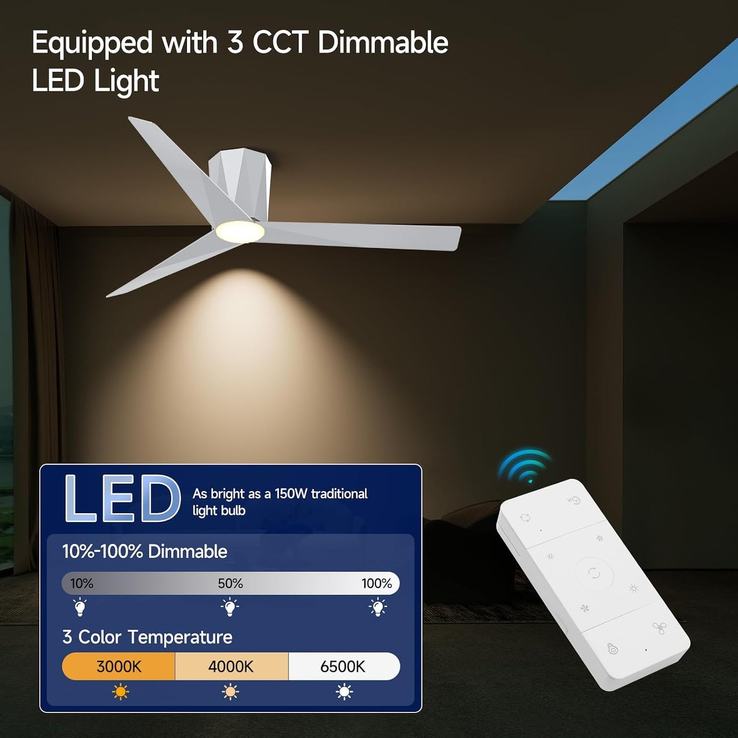 Ventilador techo 52pulg plateado led motor cc silencioso