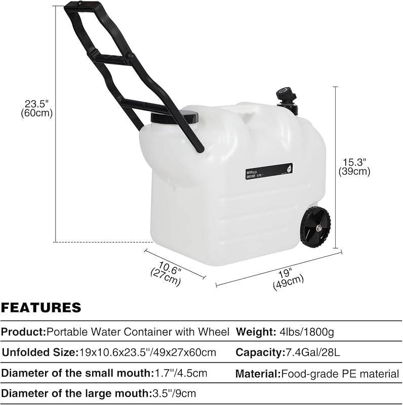 Contenedor agua 7.4gal con ruedas espita para acampar sin