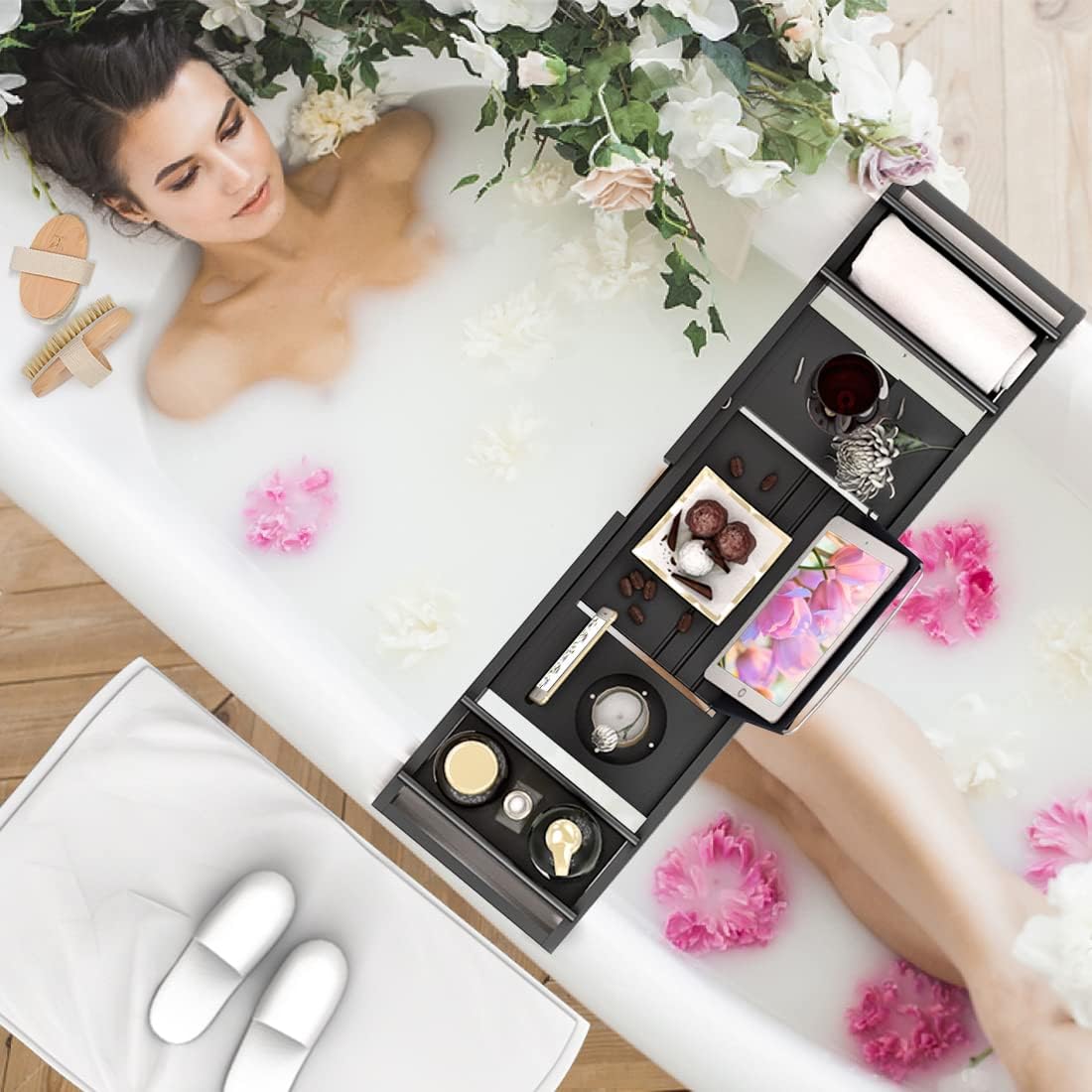 Bandeja baño ajustable bambú jabonera spa negro