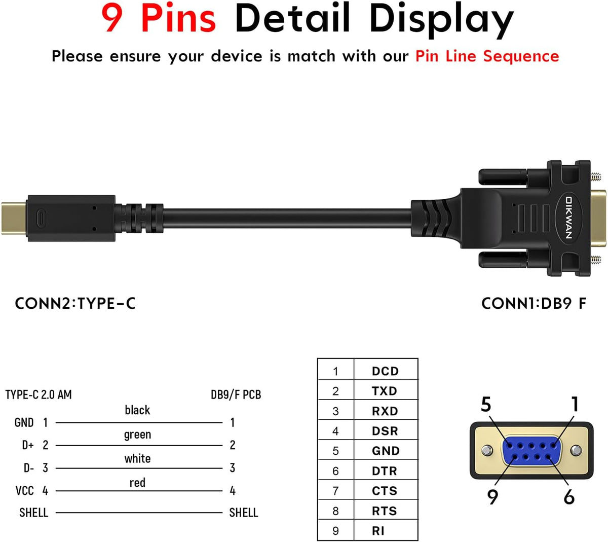 Cable USB-C a RS232 DB9 hembra 6 pies con chipset FT232