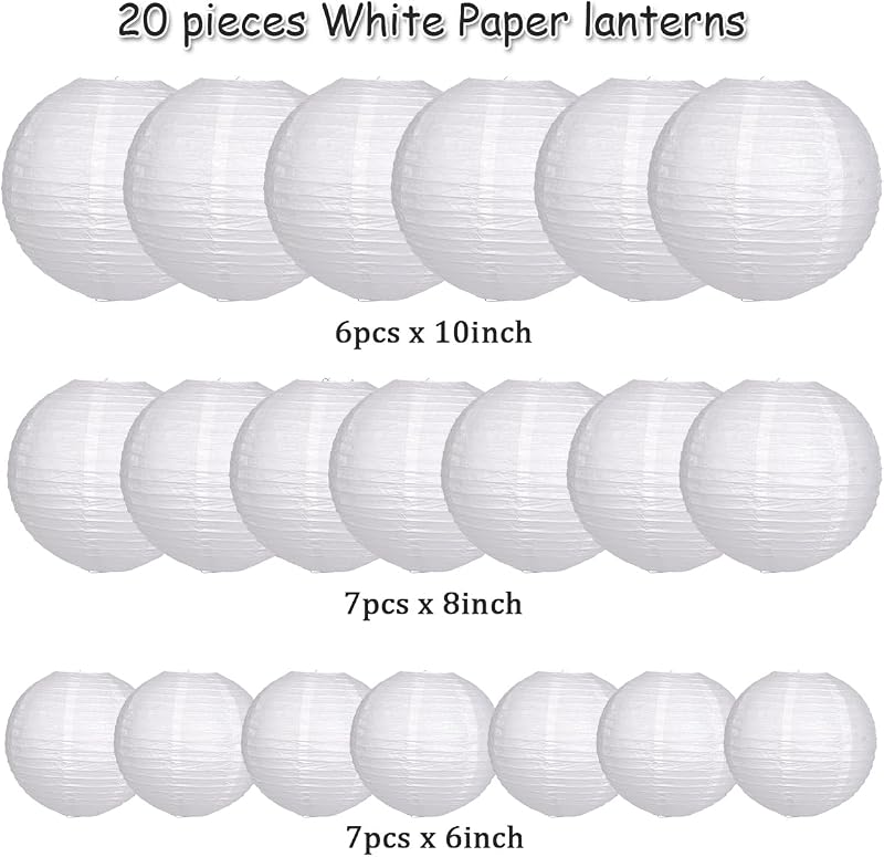 Faroles papel redondos colgantes 20uds blanco