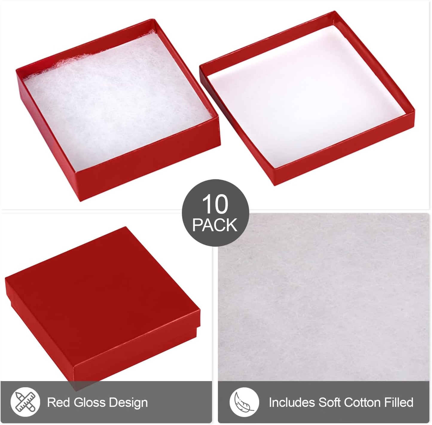 10 Joyeros Cartón 3.5x3.5x1" con Algodón Relleno Rojo