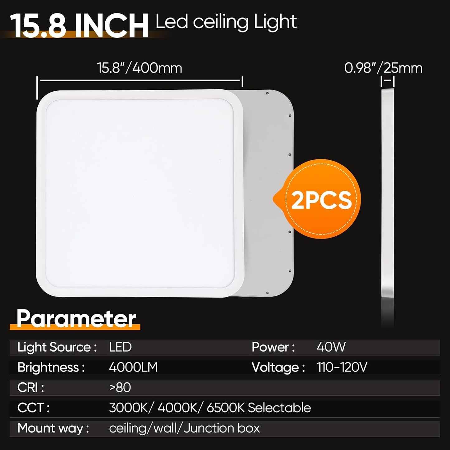 2 Lámparas LED Techo 16pulg Ultra Delgado 3 Colores