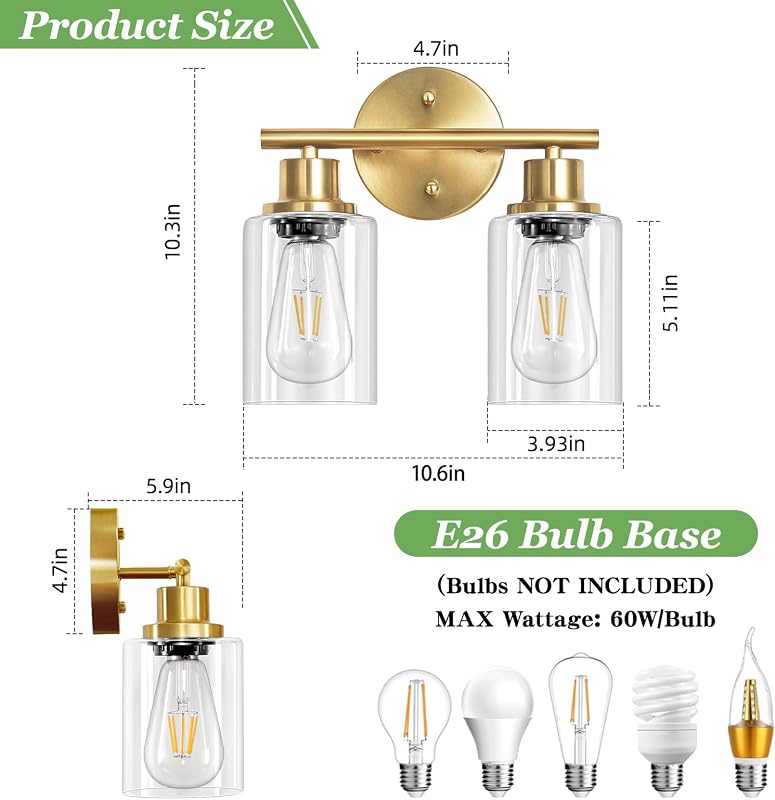 Lámpara baño E26 2 luces oro cepillado vidrio transparente