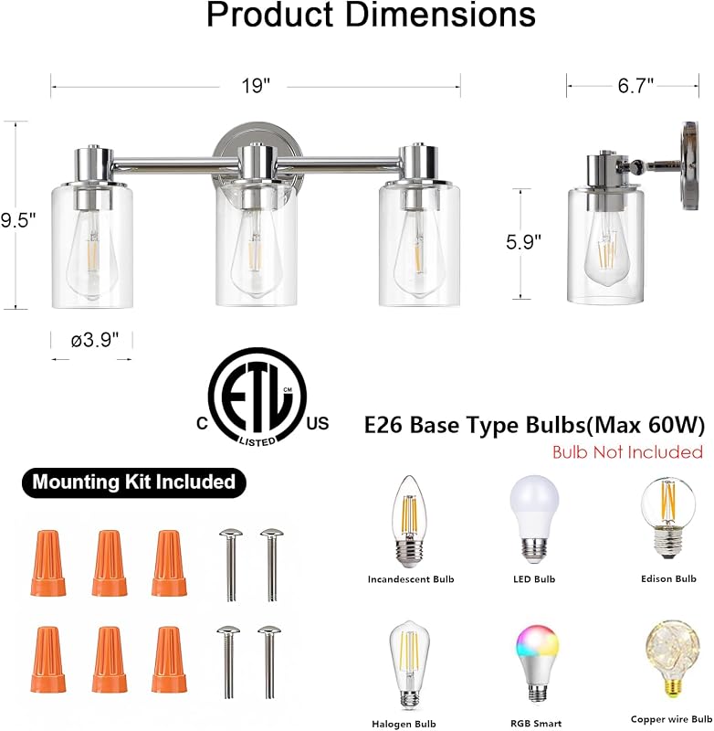 Lámpara baño 3 luces cromadas vidrio sobre espejo