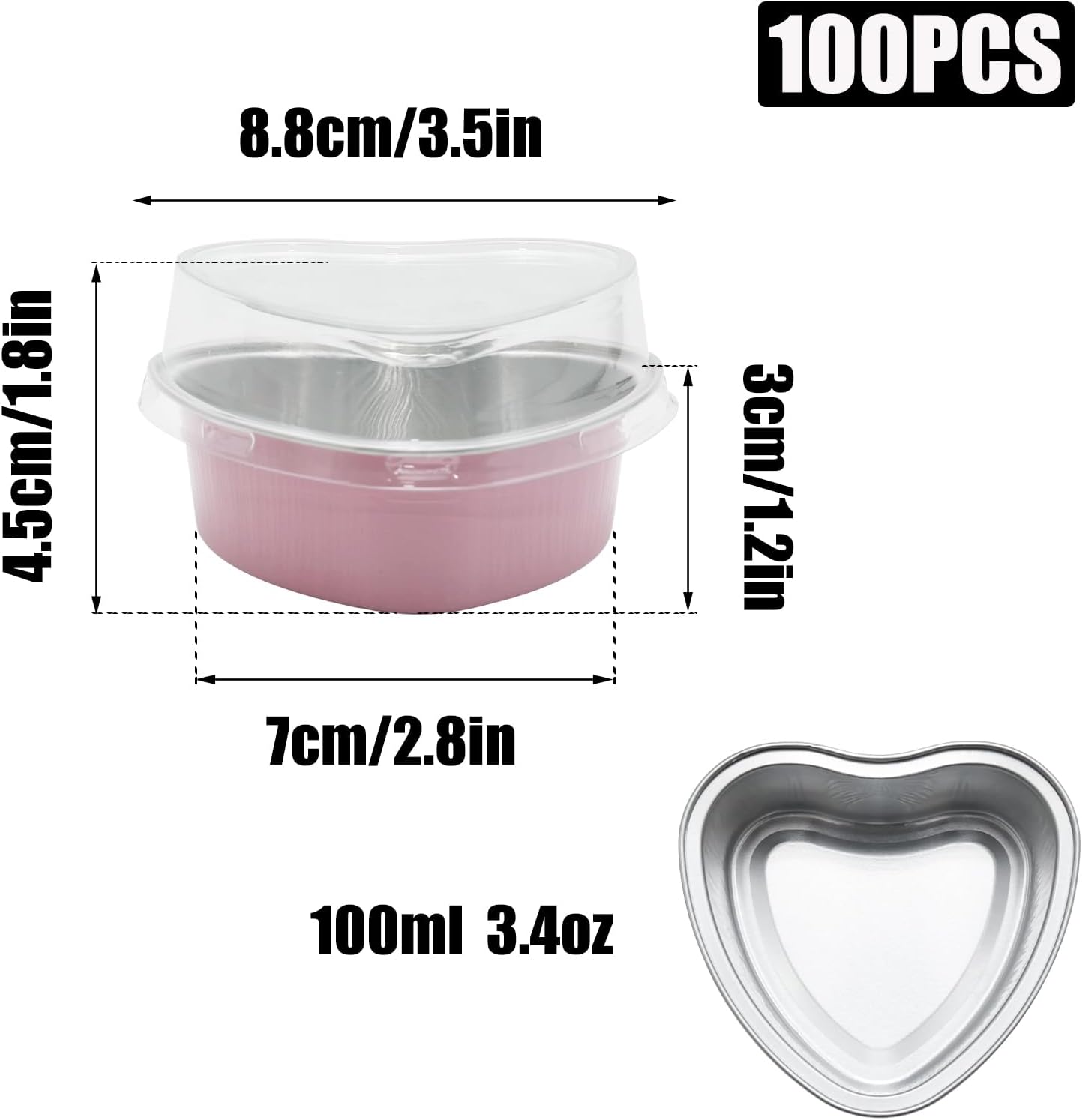 100 Moldes Aluminio 3.4oz Corazón Cupcakes Tazas Flan Rosa