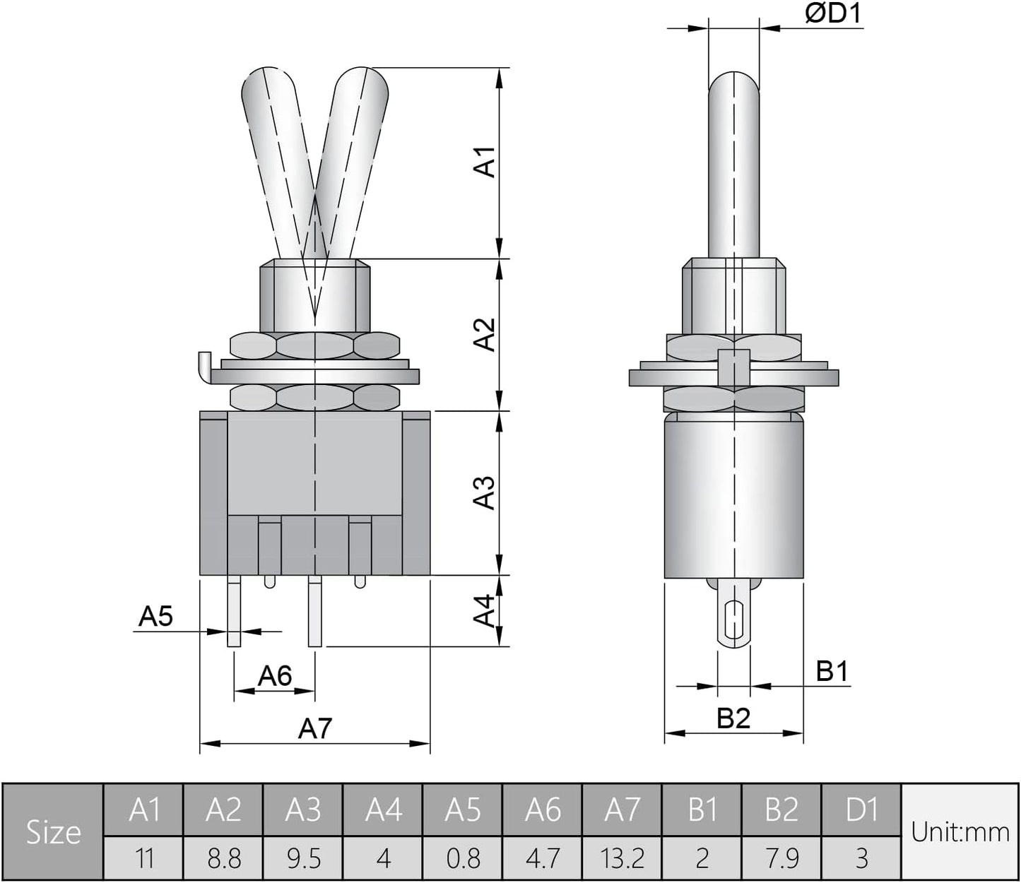 Interruptor palanca rojo 120V/5A 250V/2A 2 posiciones