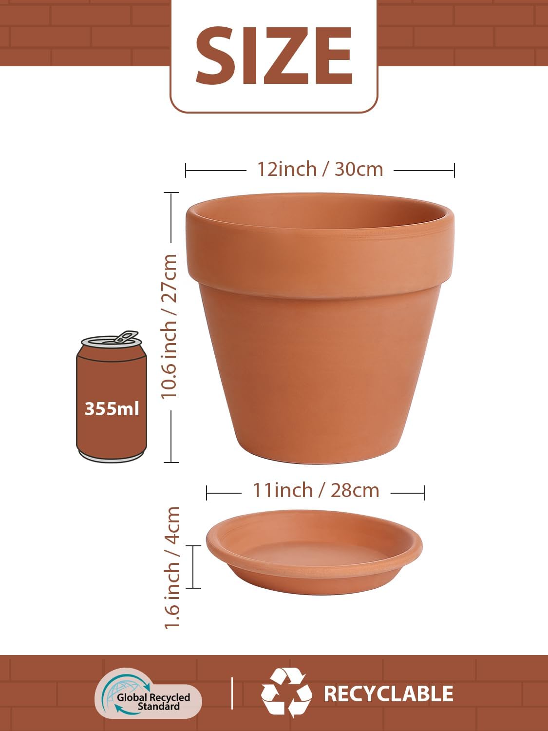 Maceta terracota 12pulg con platillo y orificio drenaje