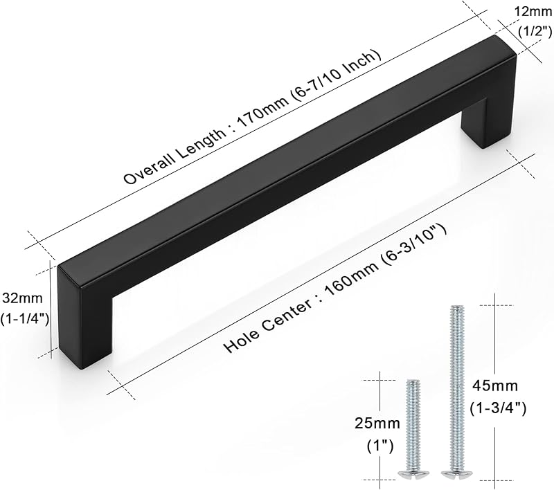 25 Manijas Gabinete Negro 6-3/10" Acero Inox