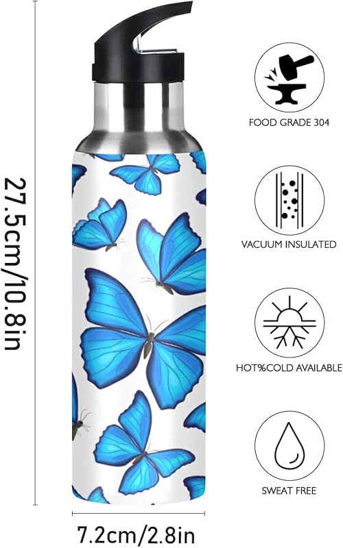 Botella agua acero inox sin BPA con pajilla mariposas azules