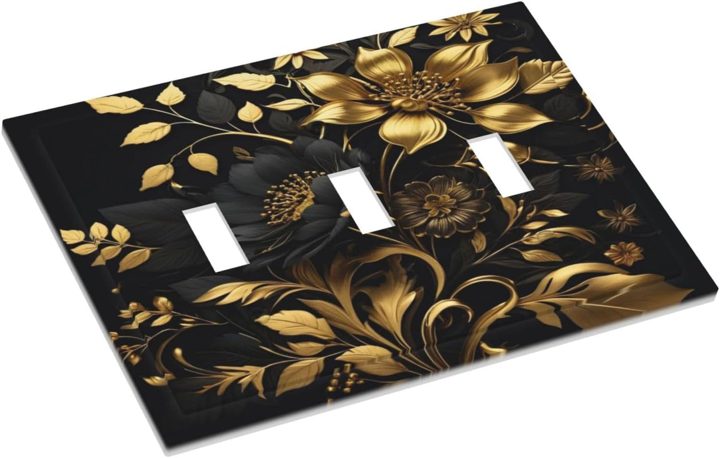 Placa interruptor decorativa con flores negras y doradas