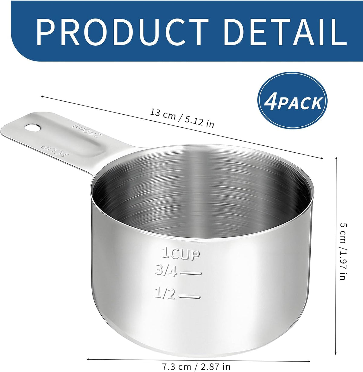 4 Pack Tazas Medidoras Acero Inox 240cc 8oz con Mango
