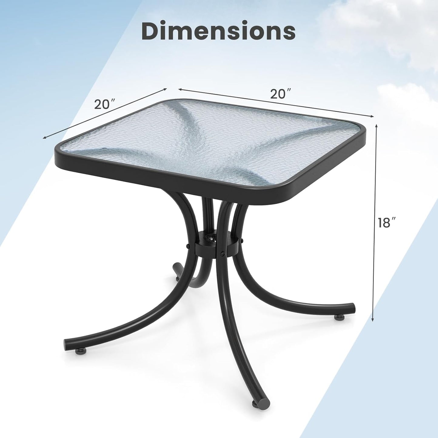 Mesa auxiliar cuadrada 20" vidrio templado metal para jardín