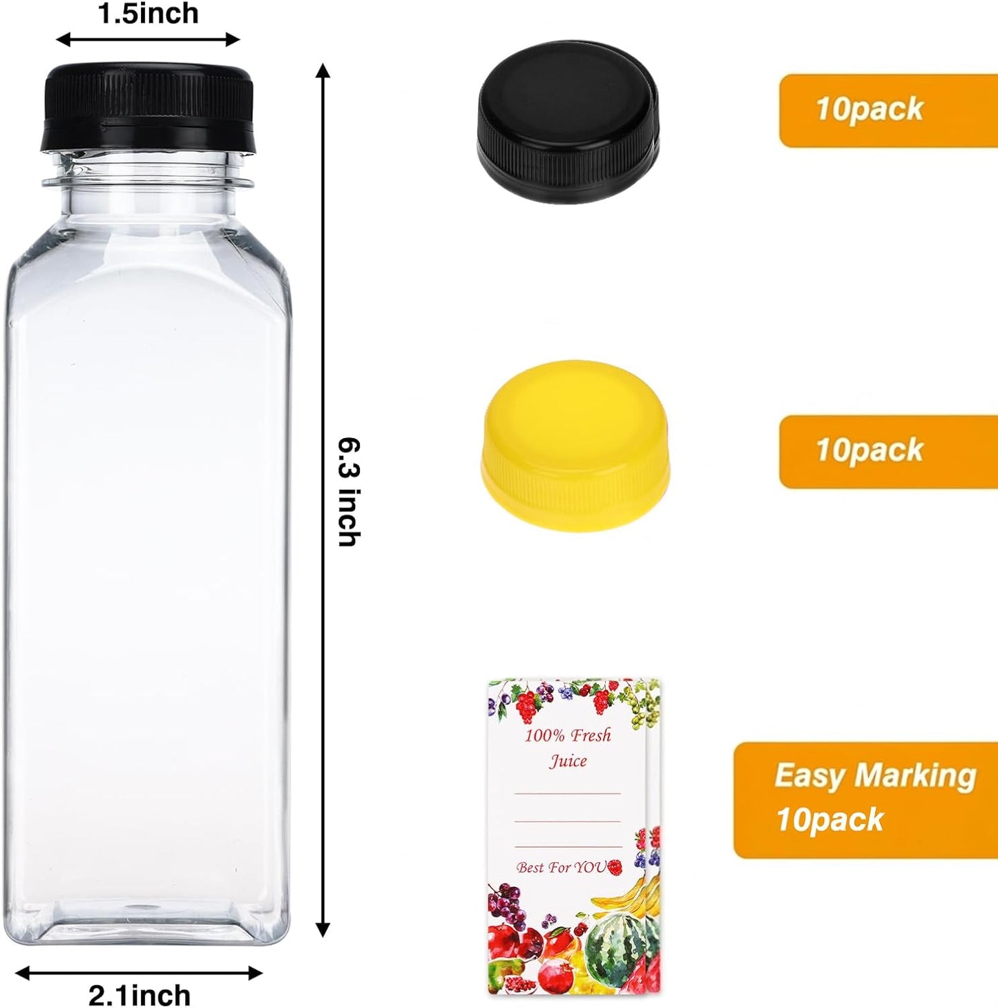 10 Botellas Plástico Jugo 12oz Tapas Negras Amarillas Reutilizables