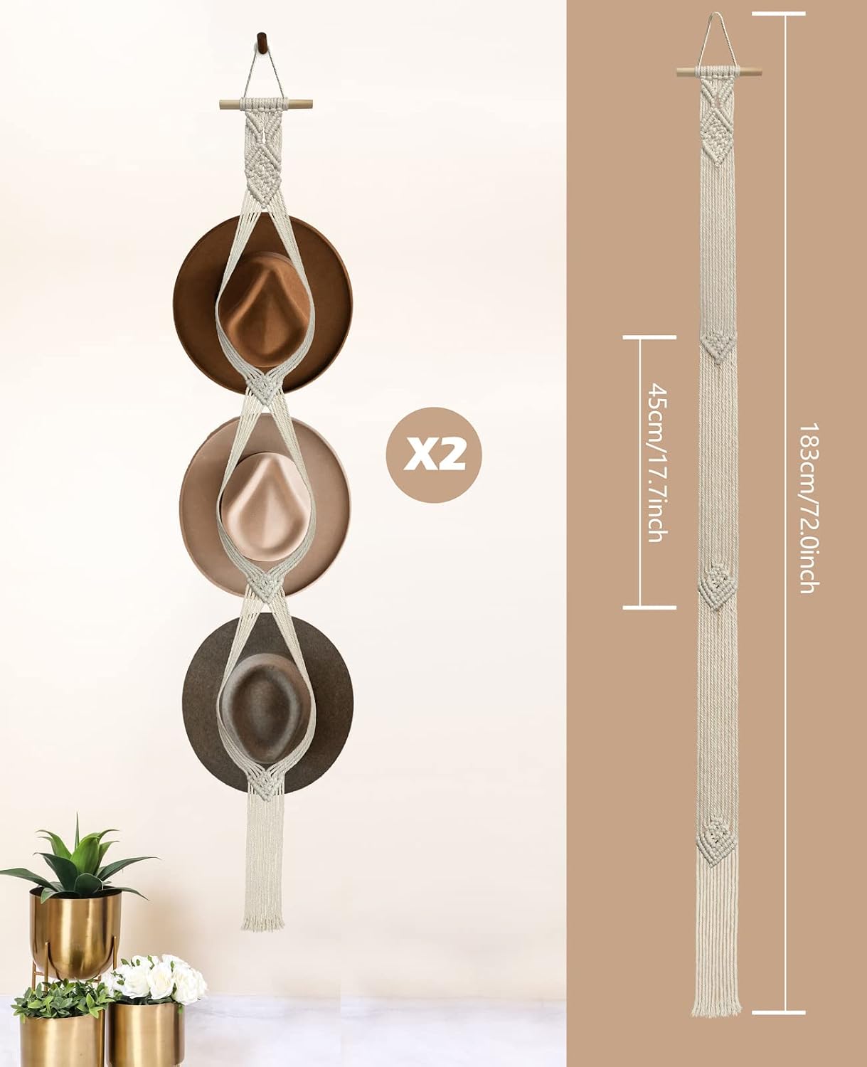 2 Pzas perchas macramé para sombreros pared decorativo