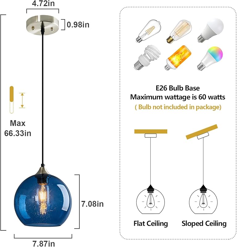 Luz colgante globo vidrio azul para cocina isla sala comedor