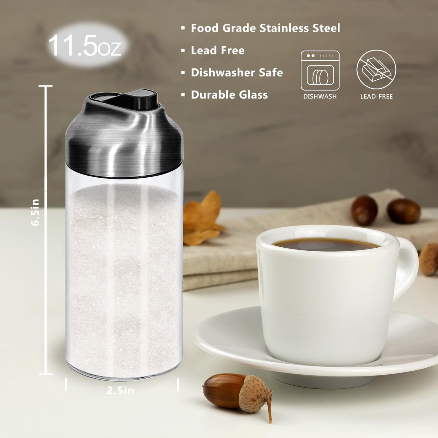 Dispensador azúcar vidrio 12oz boquilla vertido set 2