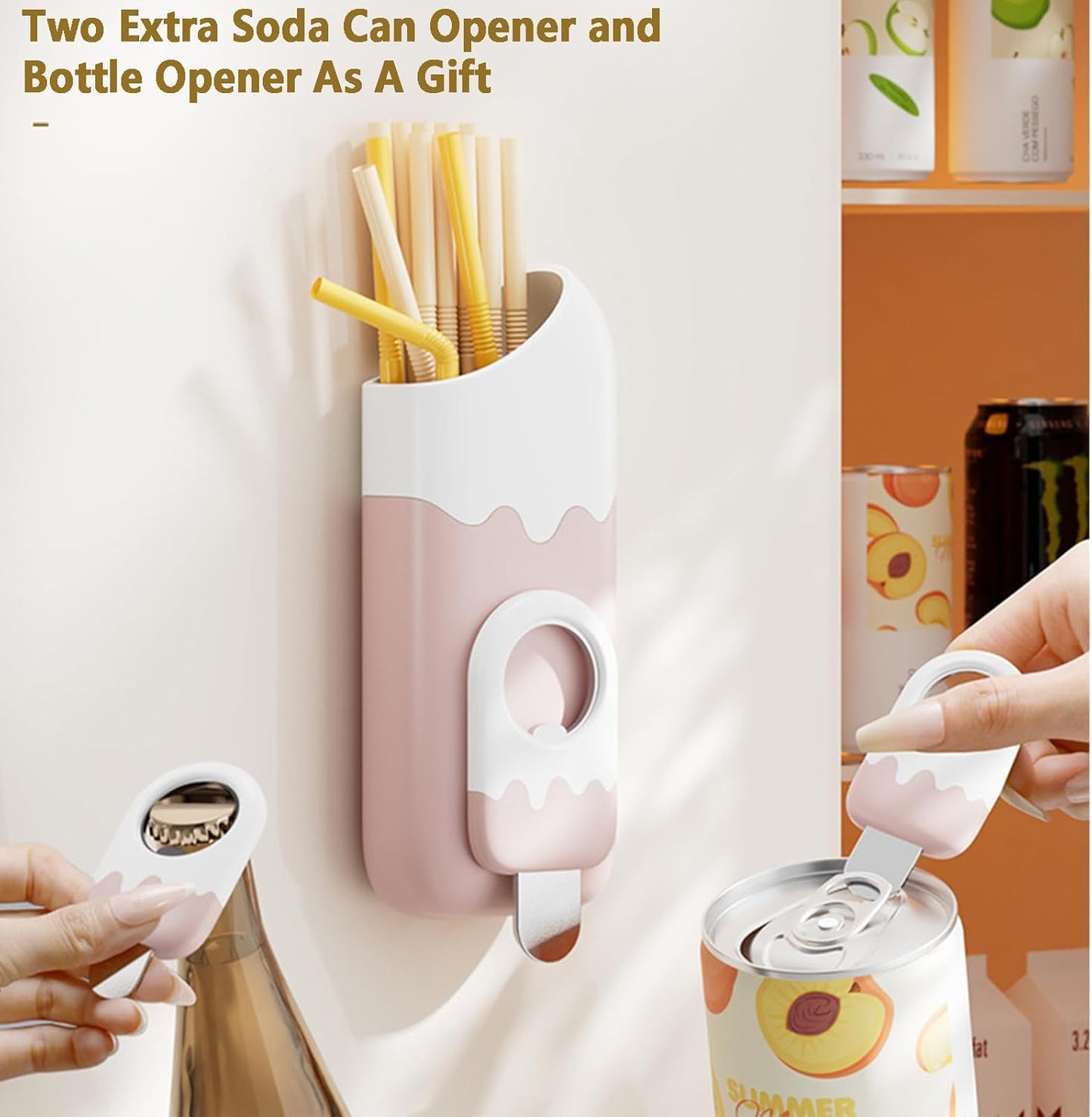 Soporte para popote con abrelatas y abridor de botellas, dispensadores magnéticos paquete 2