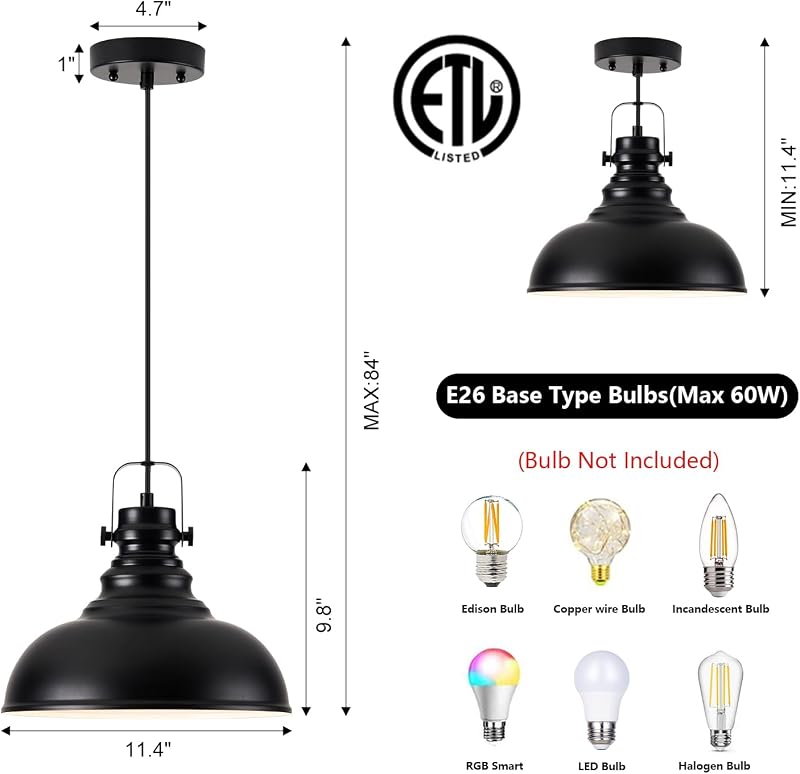 Lámpara colgante industrial ajustable E26 negro