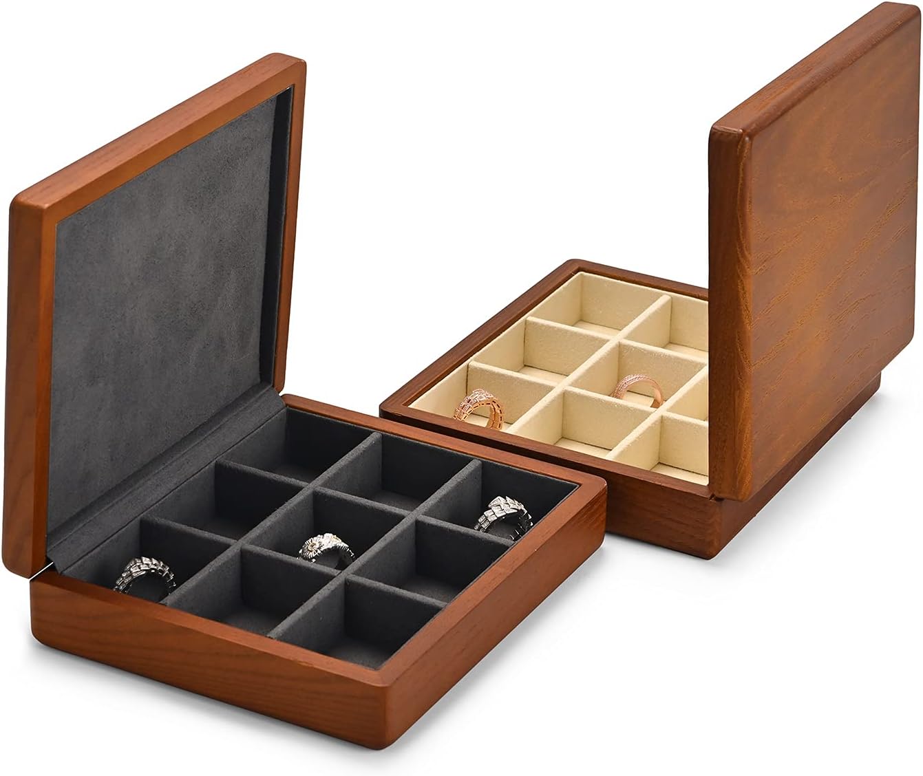 Joyero madera anillos organiz. aretes caja 9 rejillas grises